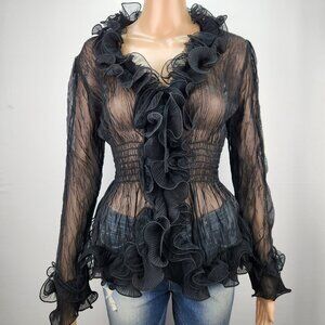 FEMME Black Sheer Ruffle Blouse, Stretchy Gothic Lolita Y2K Coquette Sz S